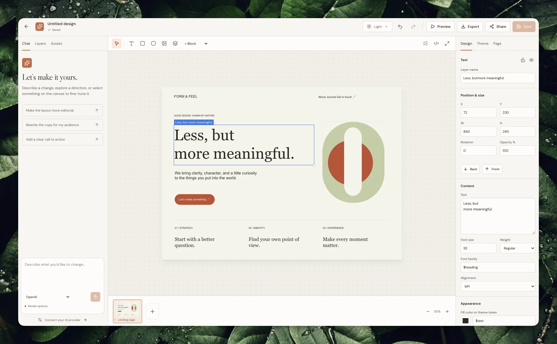 Web editor showing an editorial landing page, selected headline, and text properties