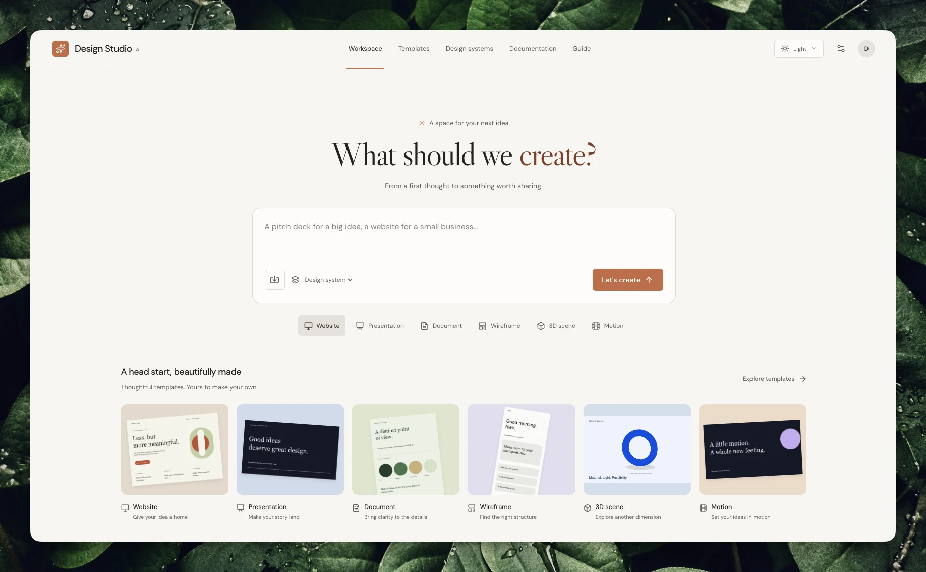 Design Studio workspace with a prompt composer and starter templates for websites, presentations, documents, wireframes, 3D scenes, and motion