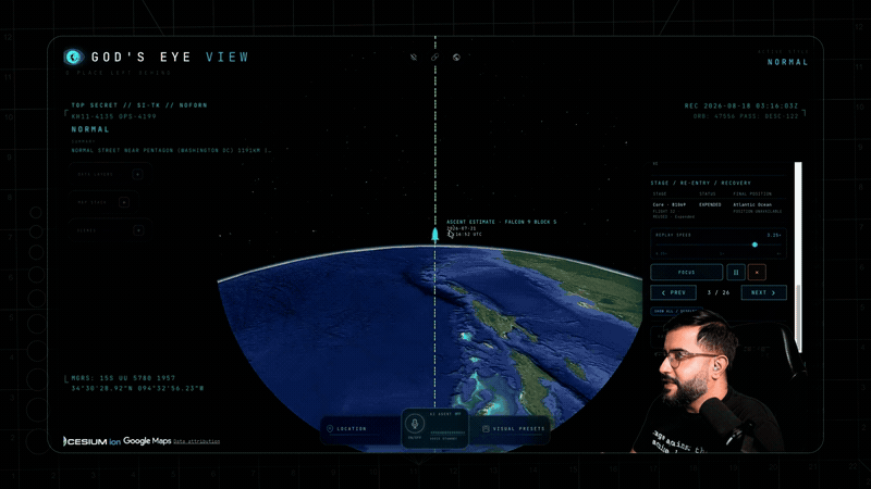 A reconstructed Falcon 9 ascent climbing and curving into its projected orbit
