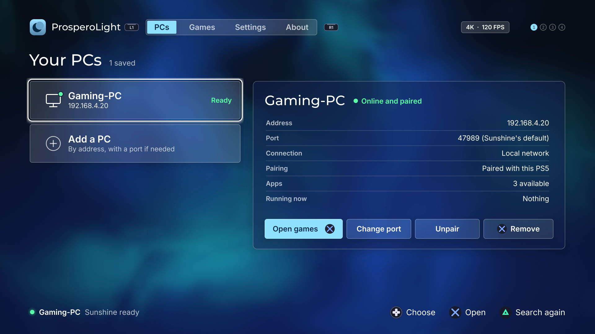 ProsperoLight launcher showing a paired PC