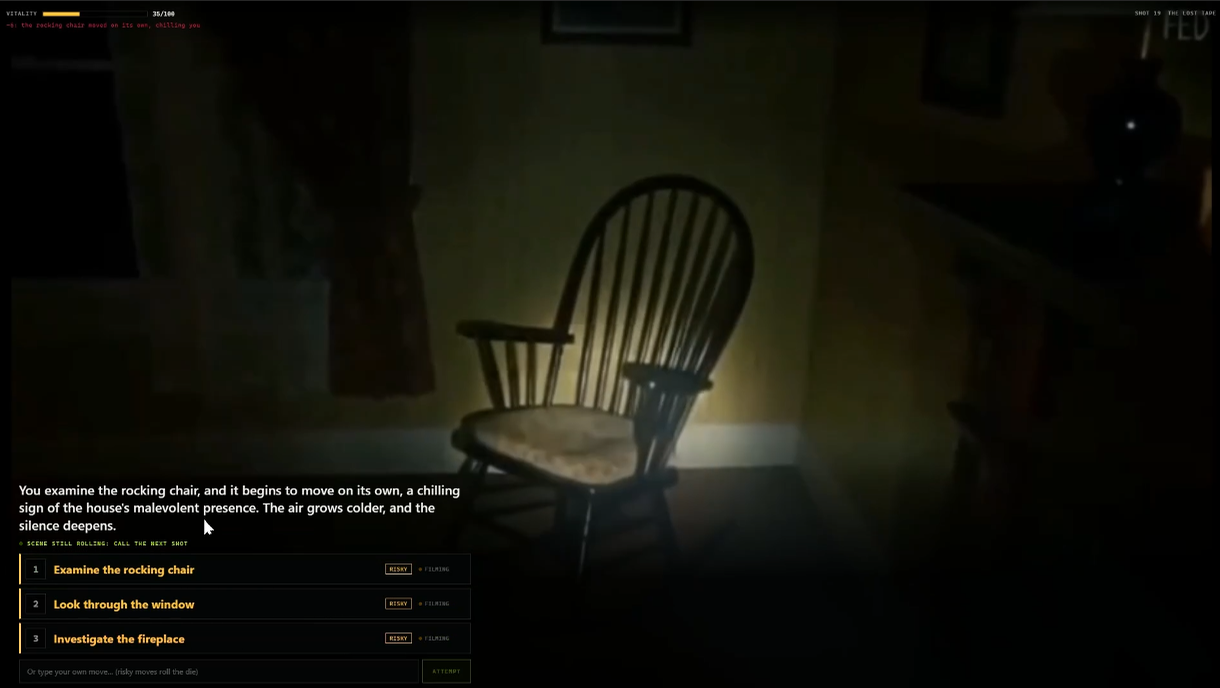 Shot 19 of THE LOST TAPE: a rocking chair moving on its own in a candle-lit room, with the live choice board over the footage