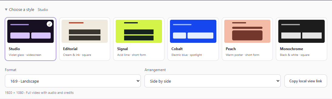 The six recording styles: Studio, Editorial, Signal, Cobalt, Peach, and Monochrome