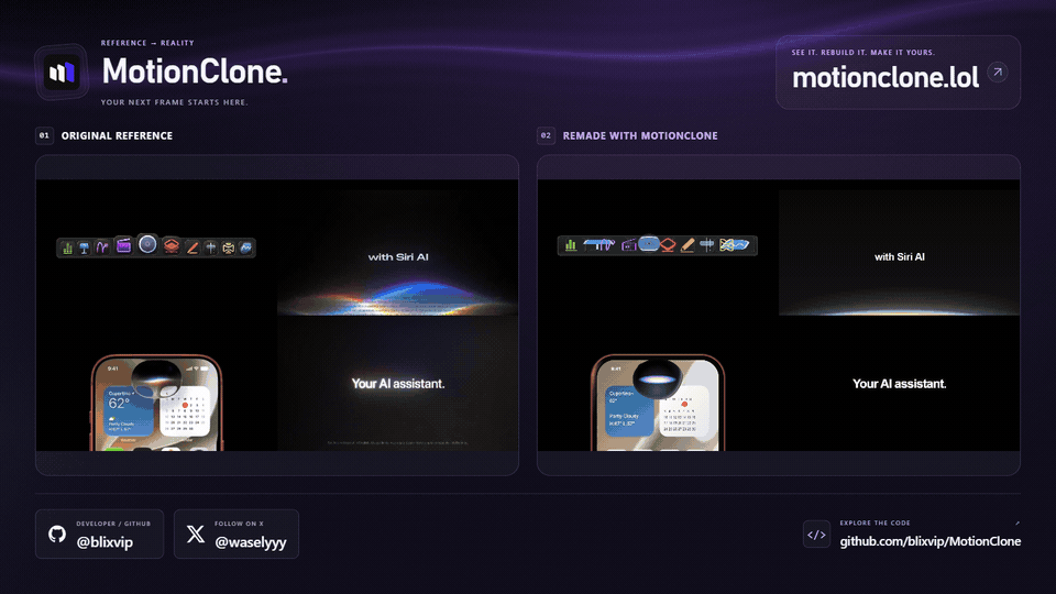 Real MotionClone playback: original reference on the left, rebuilt animation on the right