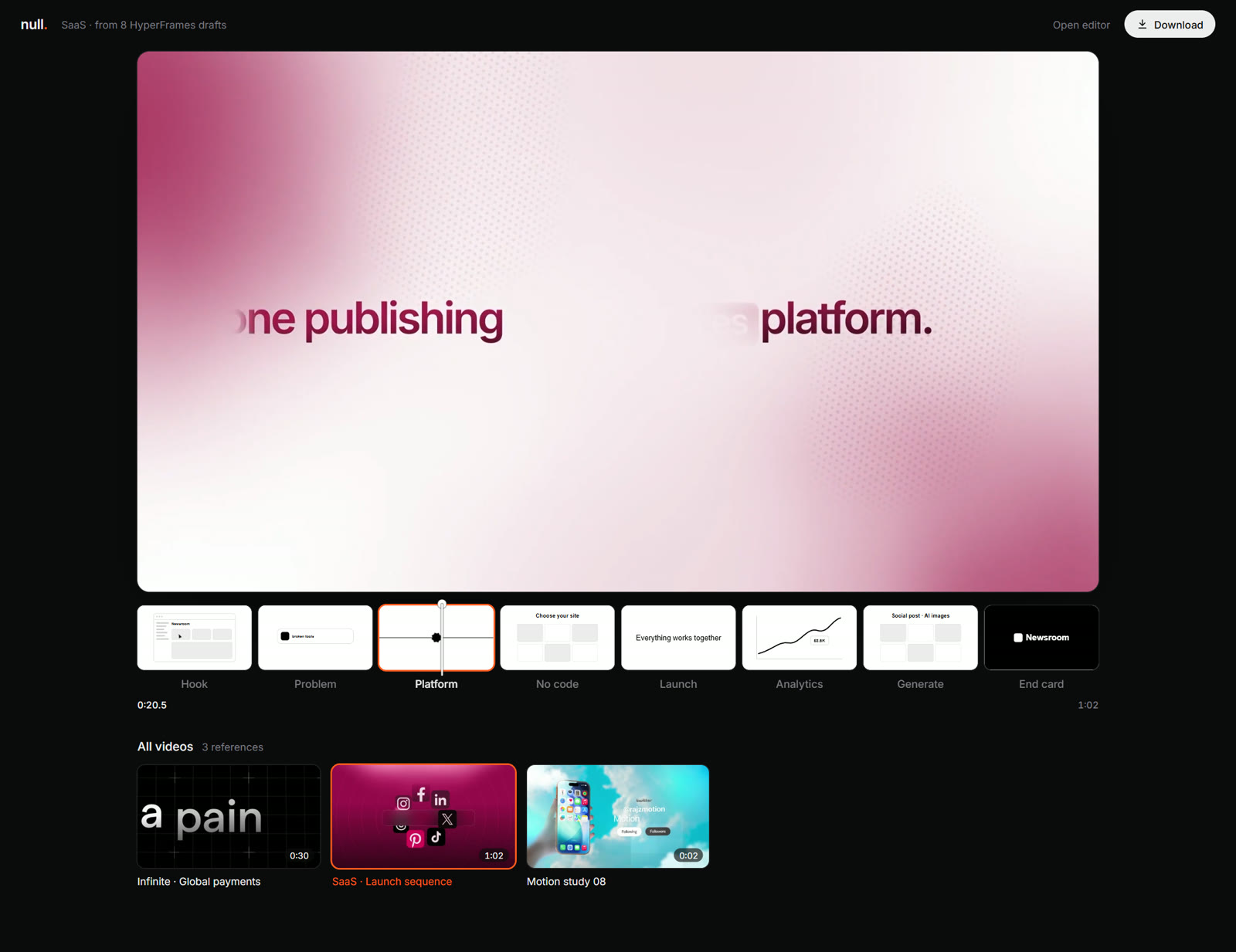 The Null Motion page: film, drafts, and the video library