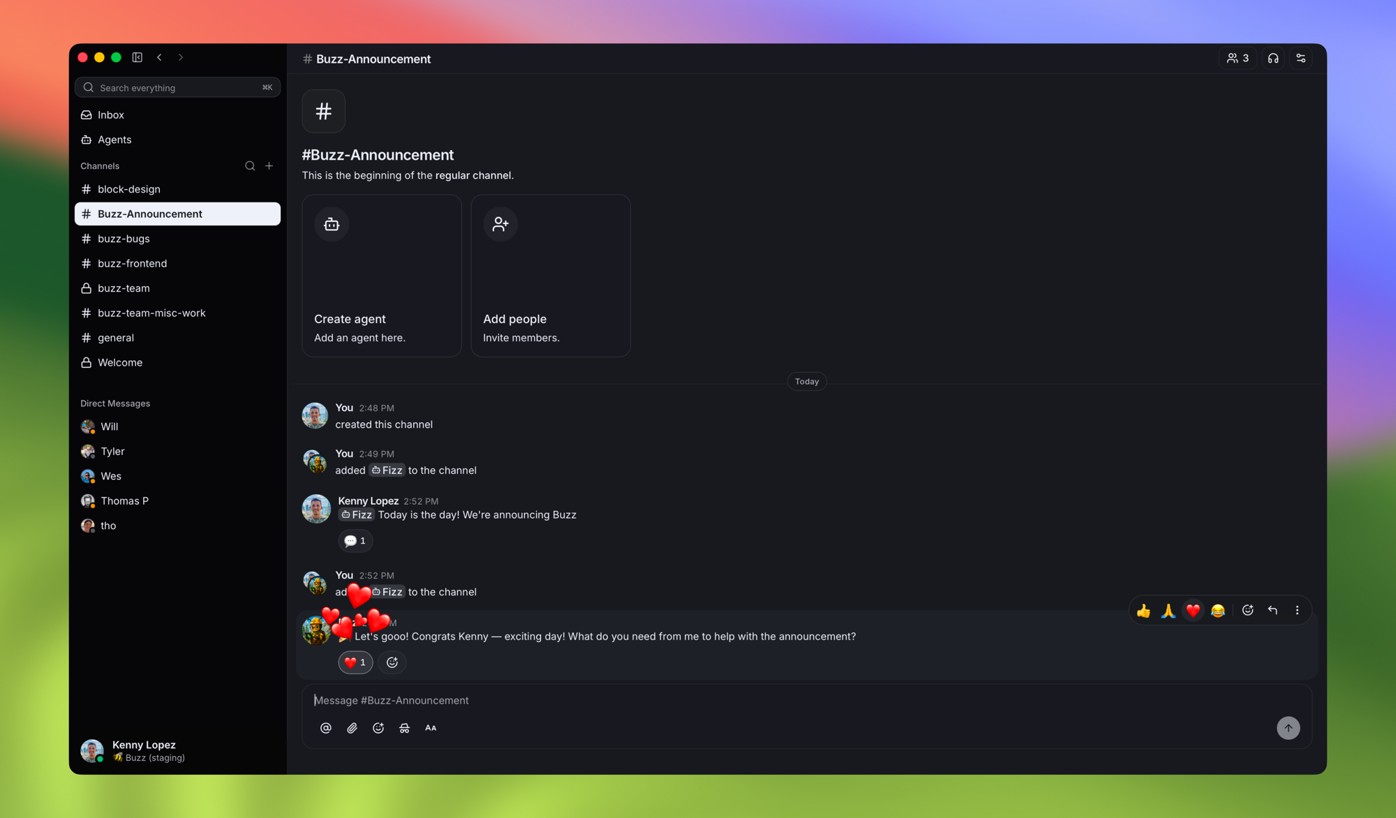 A channel with an agent added as a member, alongside Create agent and Add people cards