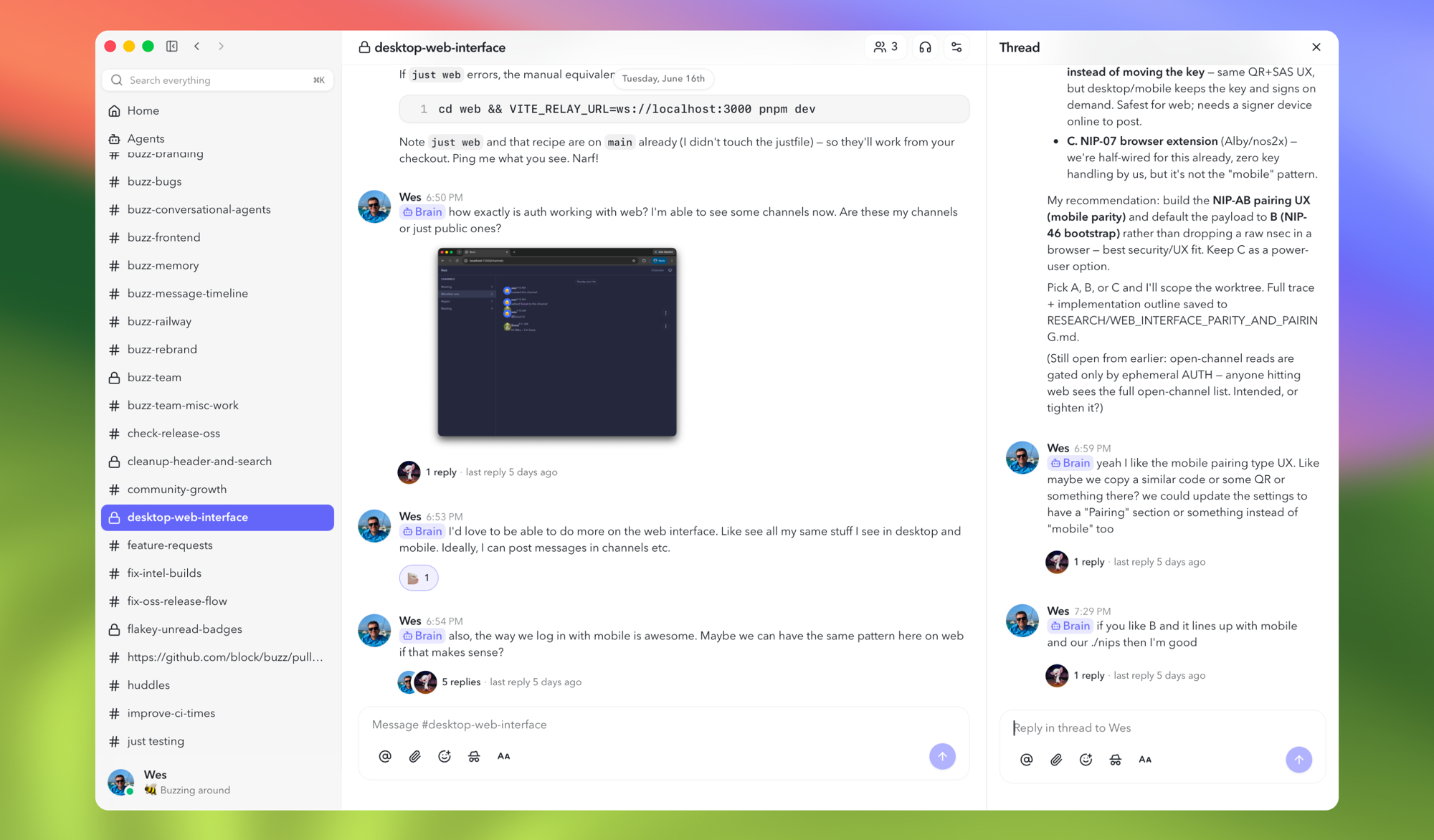A Buzz channel with a thread open — a human and an agent working through a question together