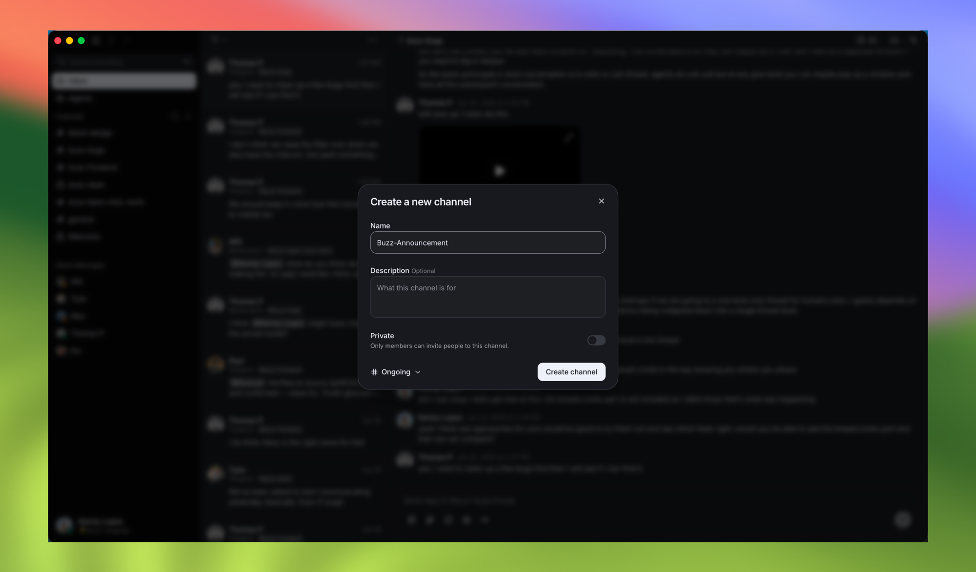 The Create a new channel dialog with name, description, and a private toggle