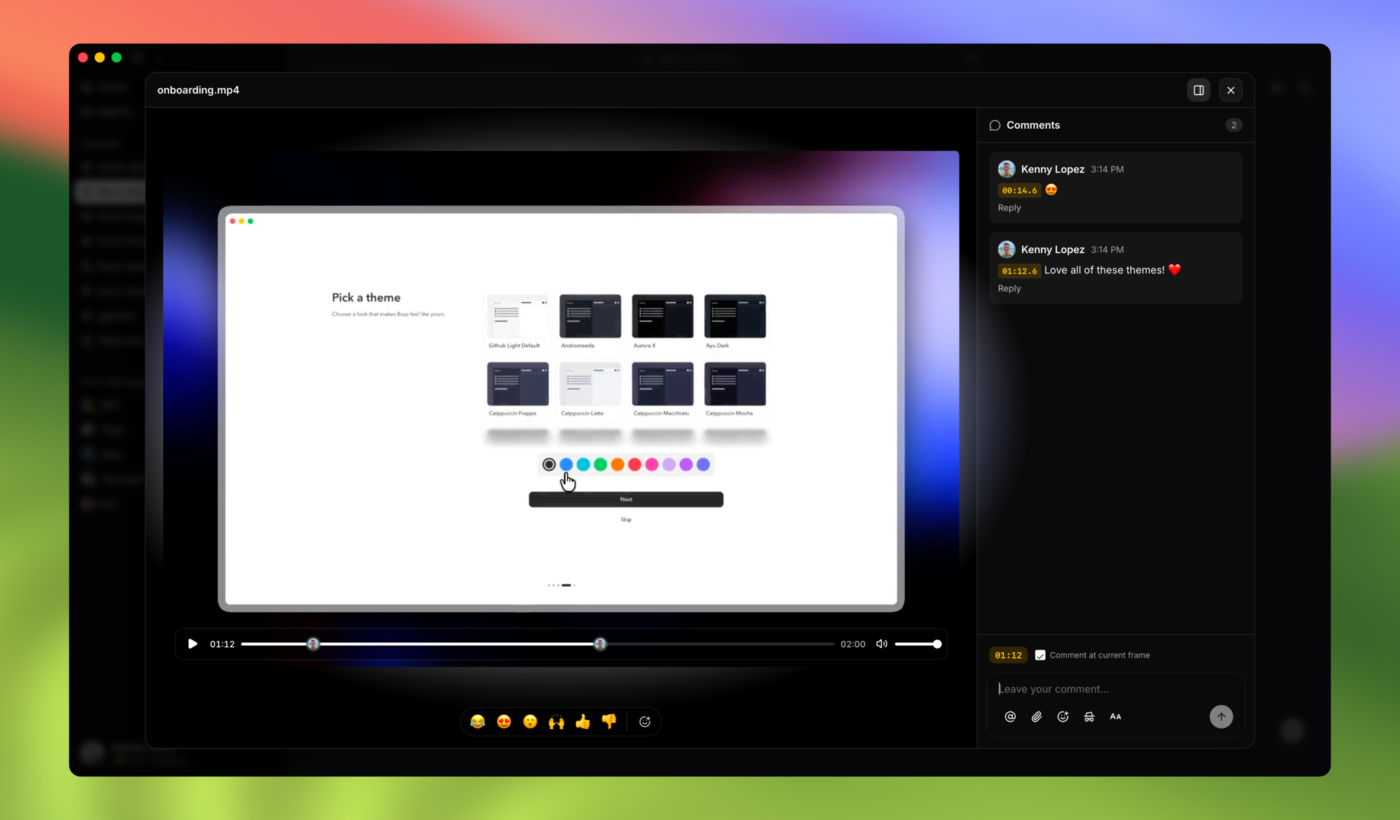 A video playing in Buzz with frame-anchored comments in a side panel