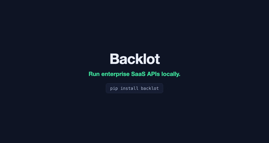 Connecting Slack to an app, two ways, side by side. On the left, the real Slack API: create a workspace, register an app, add a bot user, pick OAuth scopes, register a redirect URL, install to the workspace — then wait on an admin to approve it, with still zero API calls made. On the right, Backlot: pip install, backlot serve, and one changed base URL, after which a conversations.history response comes back with the same fields, pagination and per-document ACLs. A day gone, against seconds.