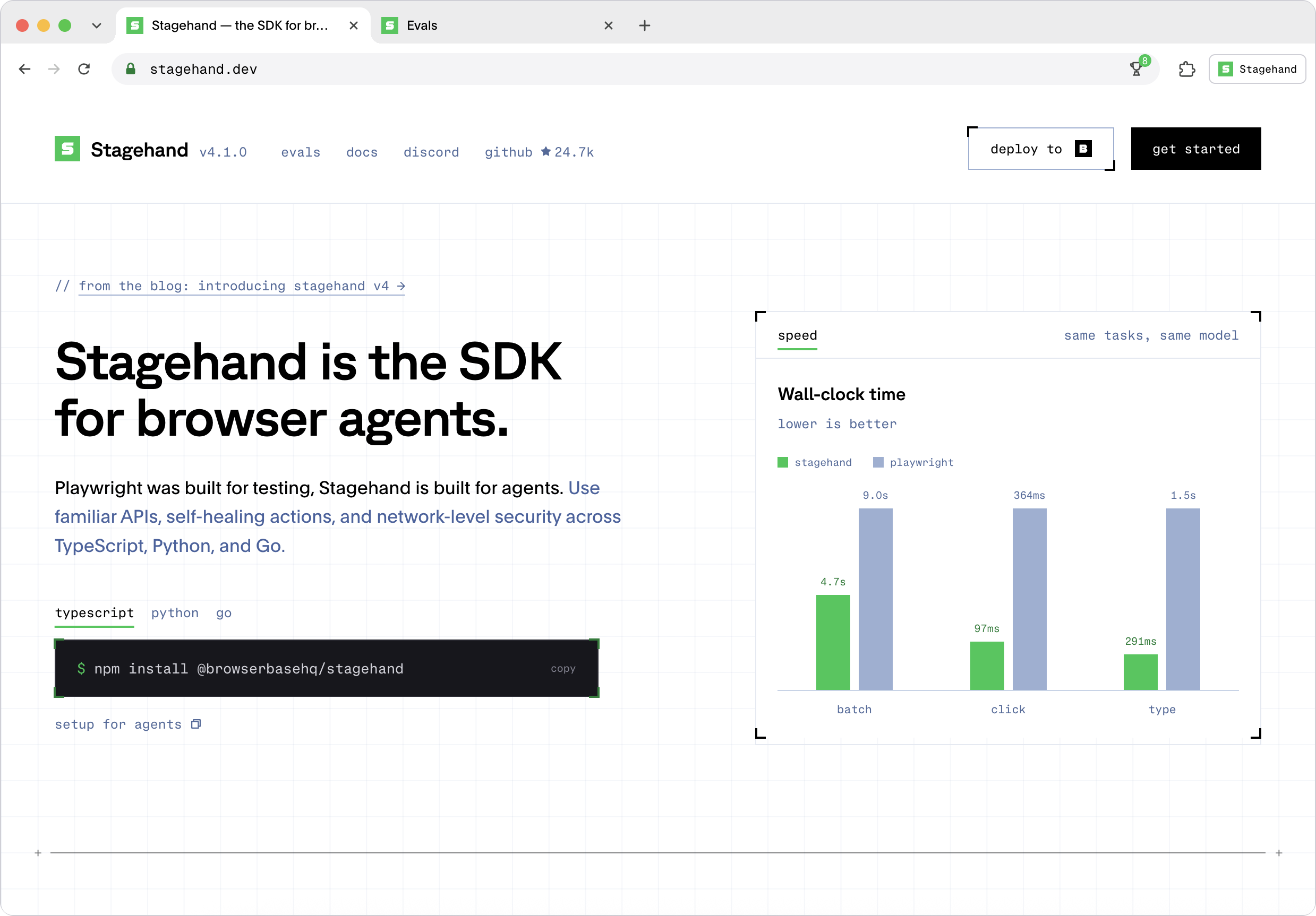 Stagehand homepage showing browser automation in TypeScript, Python, and Go and a speed comparison with Playwright