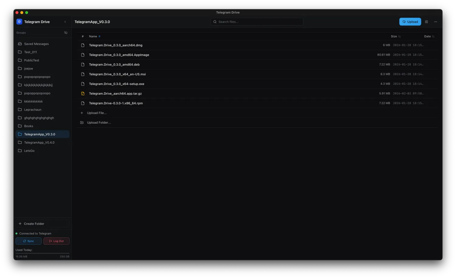 Telegram Drive desktop folder list