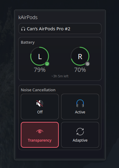 kAirPods panel widget showing battery levels and controls