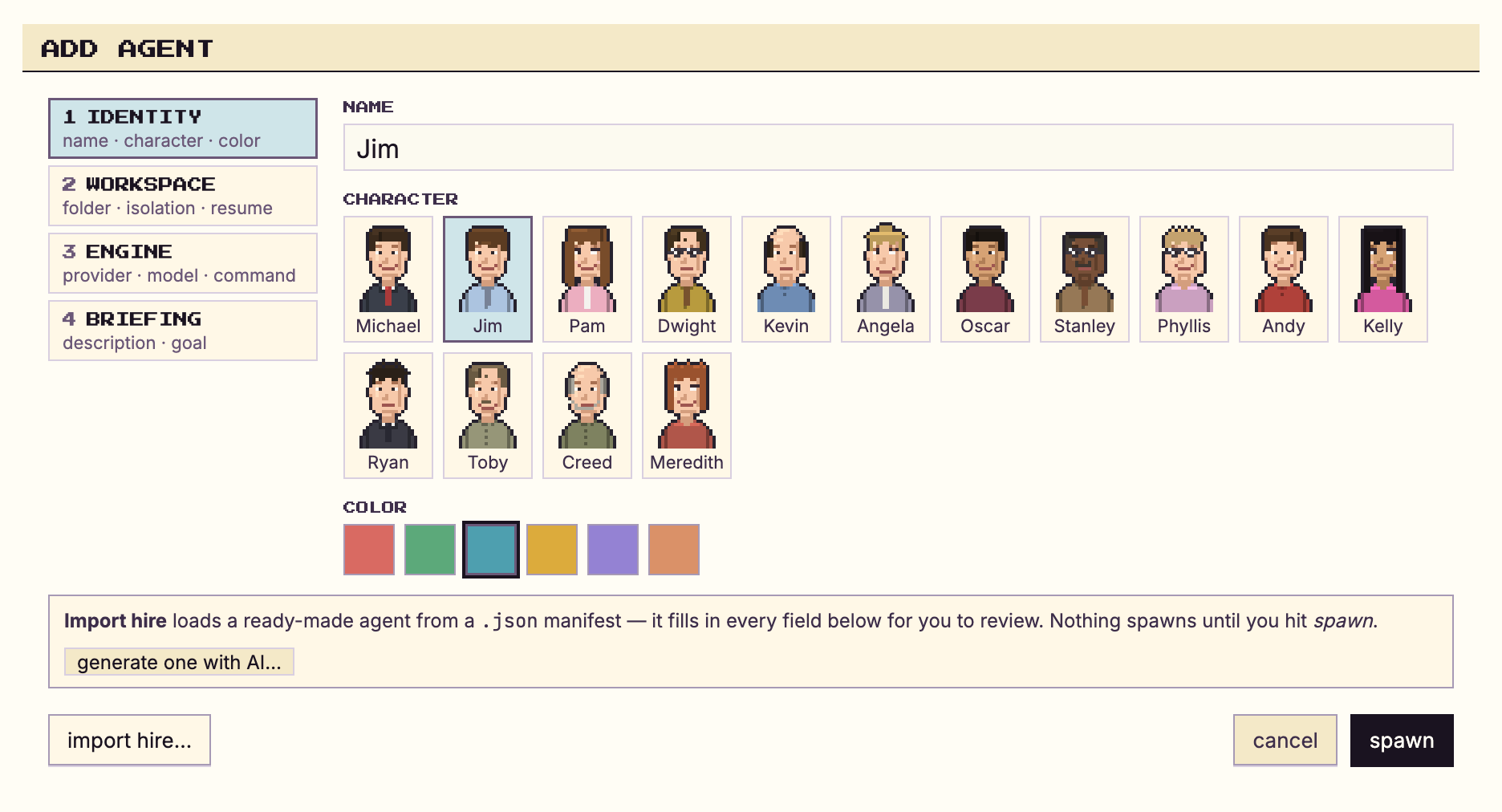 The add agent dialog: choosing a provider, model and role