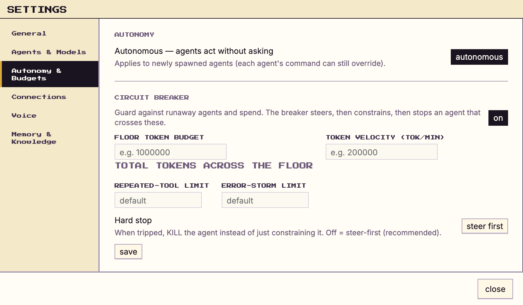 Per agent autonomy and approval settings