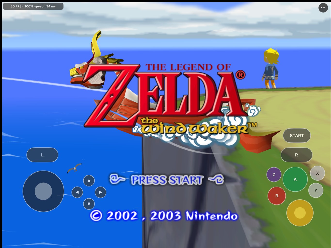 BlueWake at the Wind Waker title screen on an iPad Pro, running at 30 FPS and full speed, with the touch controls visible