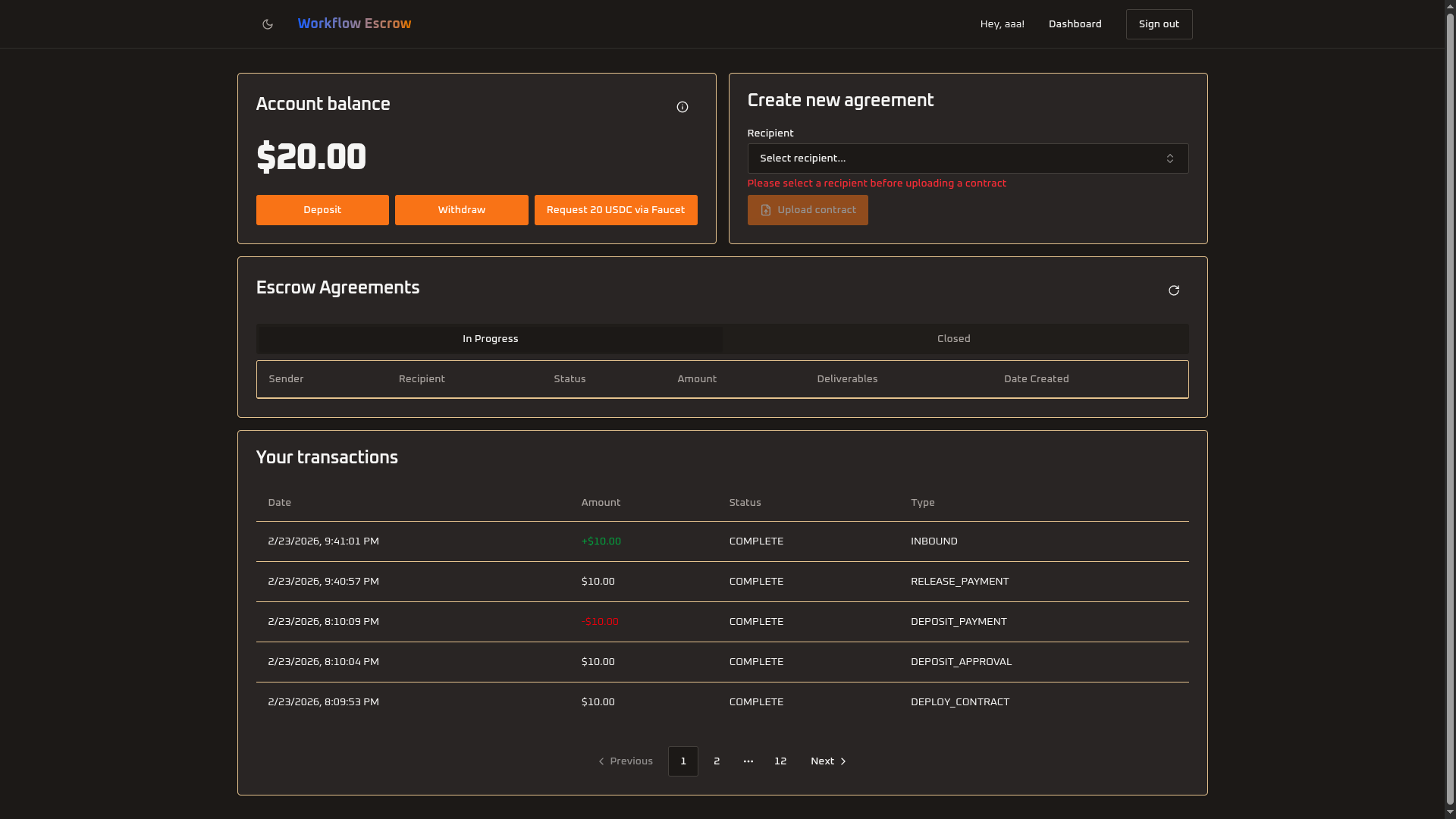 Escrow agreement dashboard