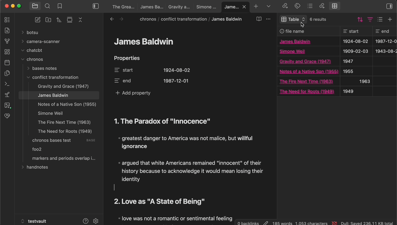 example: Chronos Timeline View in Obsidian Bases
