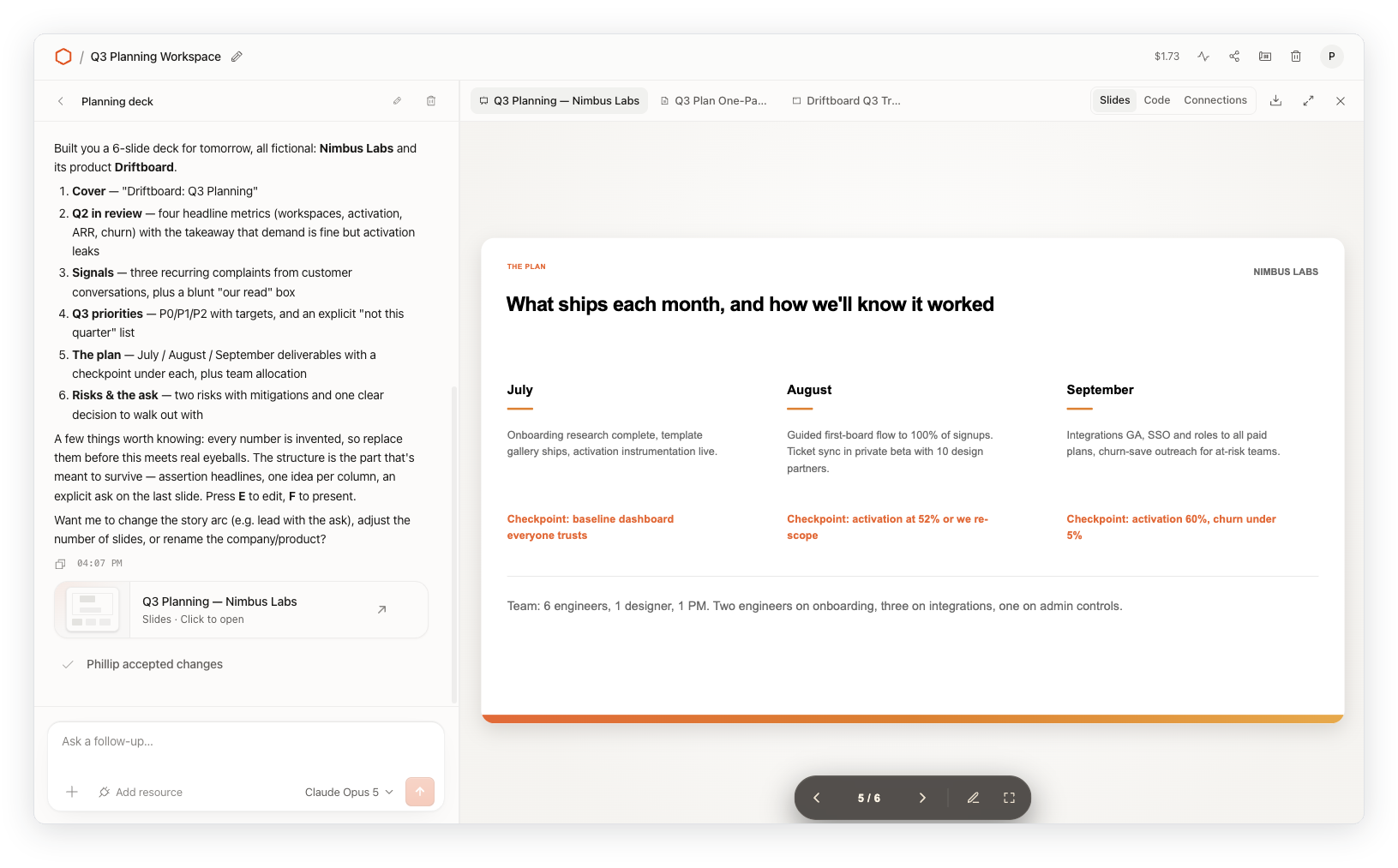 A Q3 planning workspace in Cloudflare OS, with an AI-generated slide deck