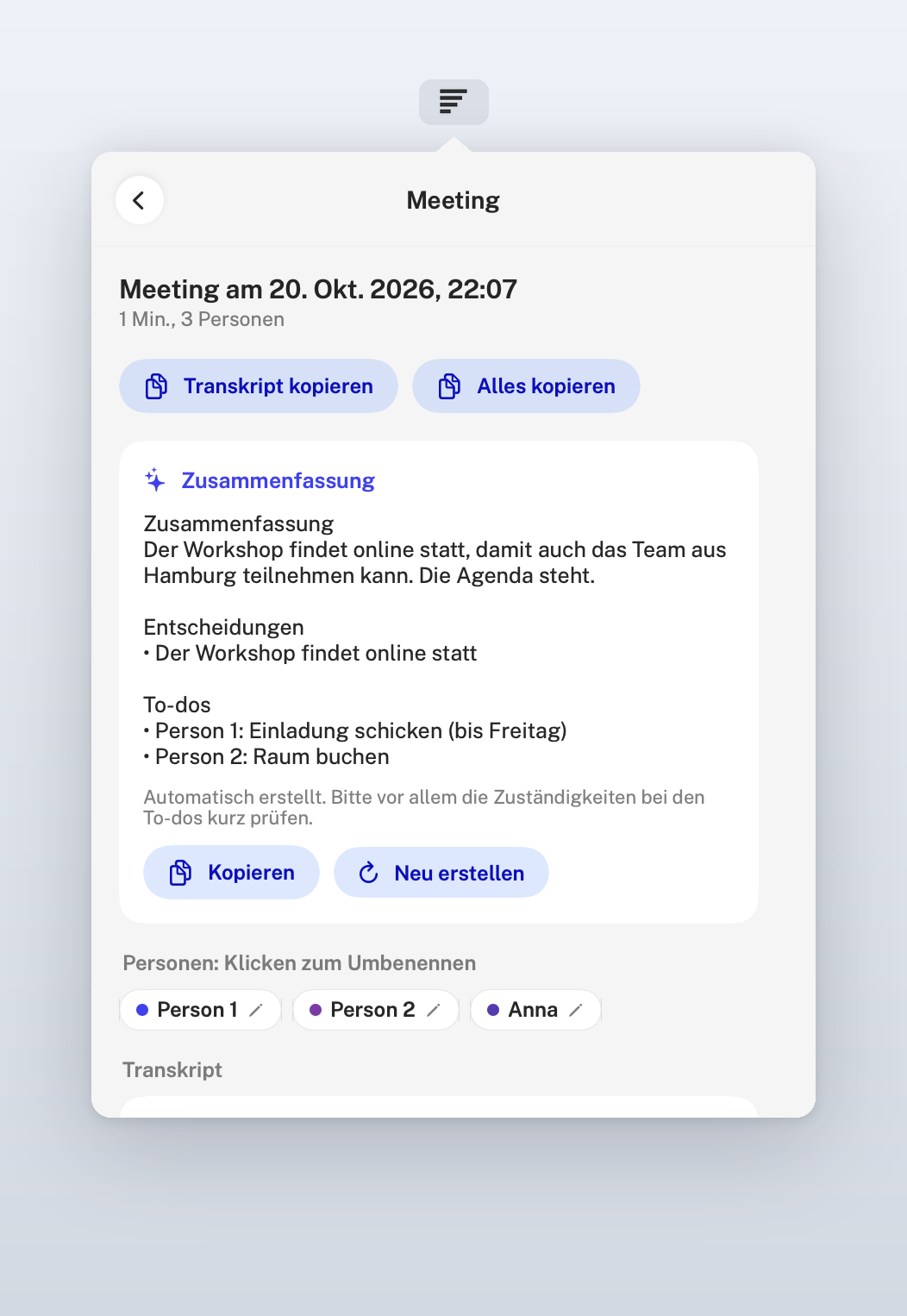 Meeting result with sample data: summary with decisions and to-dos, people to rename and the transcript