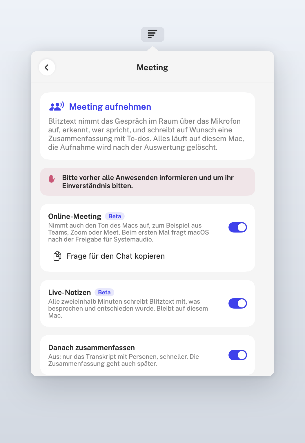 Meeting: consent reminder, switches for online meeting and live notes (beta) and for the summary