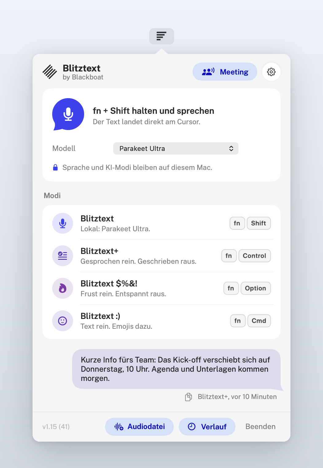 Blitztext in the menu bar: the speech bubble to dictate, the meeting button, four modes with their shortcuts and the last text as a message