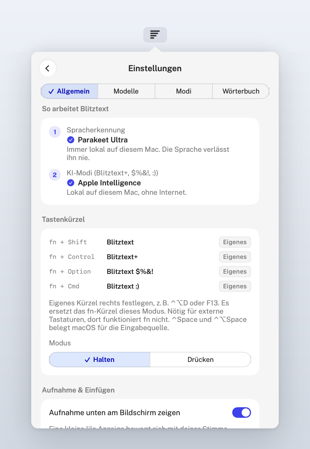 Settings, Allgemein: how Blitztext works, shortcuts, hold or press, and the recording pill