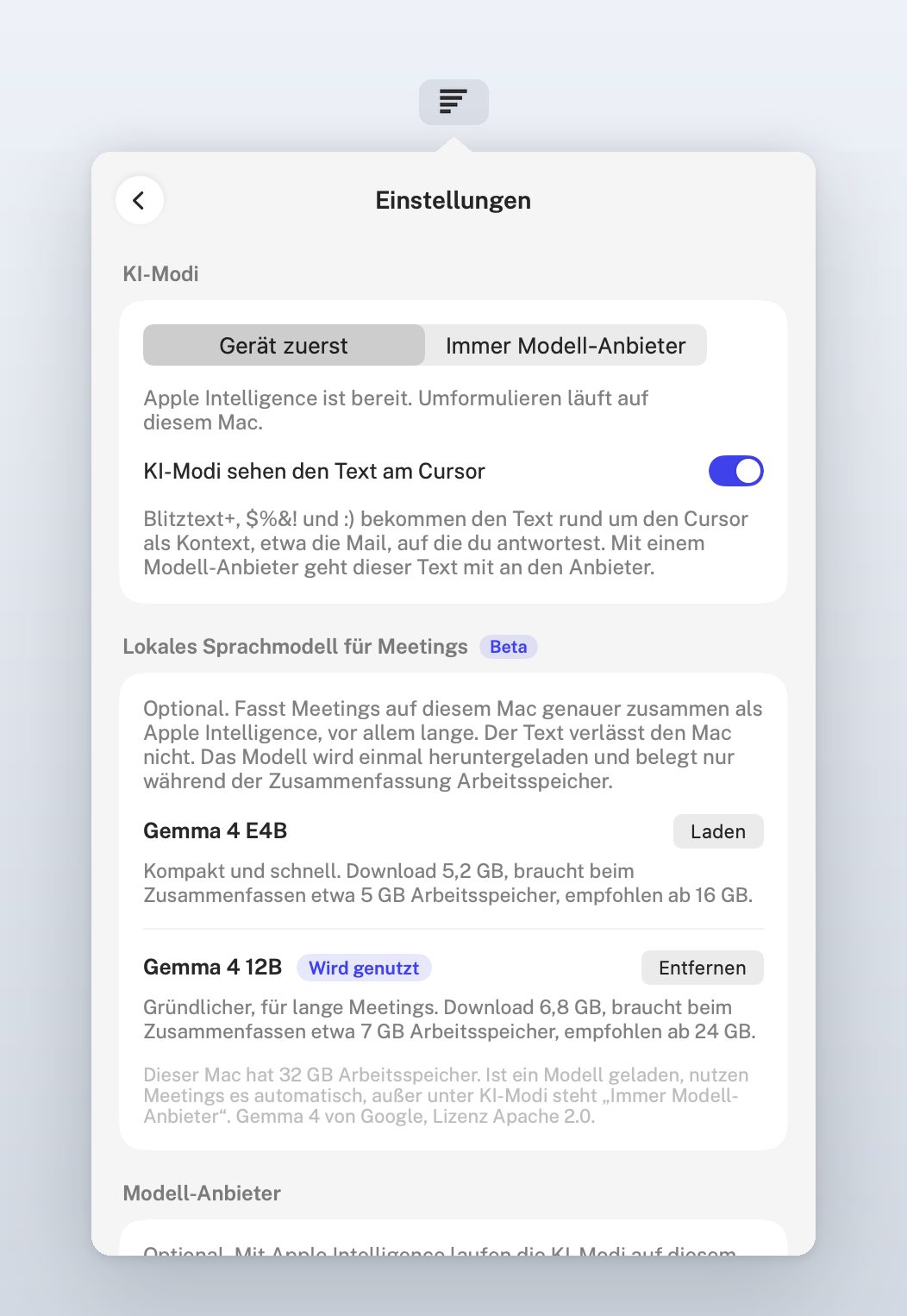 Settings, Modelle: the AI modes with Apple Intelligence and the local language model for meetings with Gemma 4 E4B and 12B
