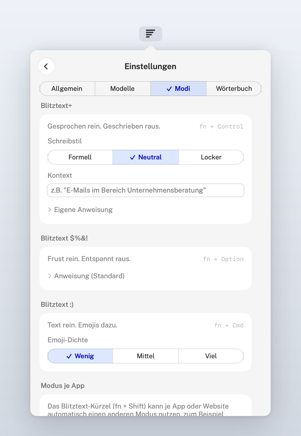 Settings, Modi: writing style, instructions, emoji density and a mode per app or website