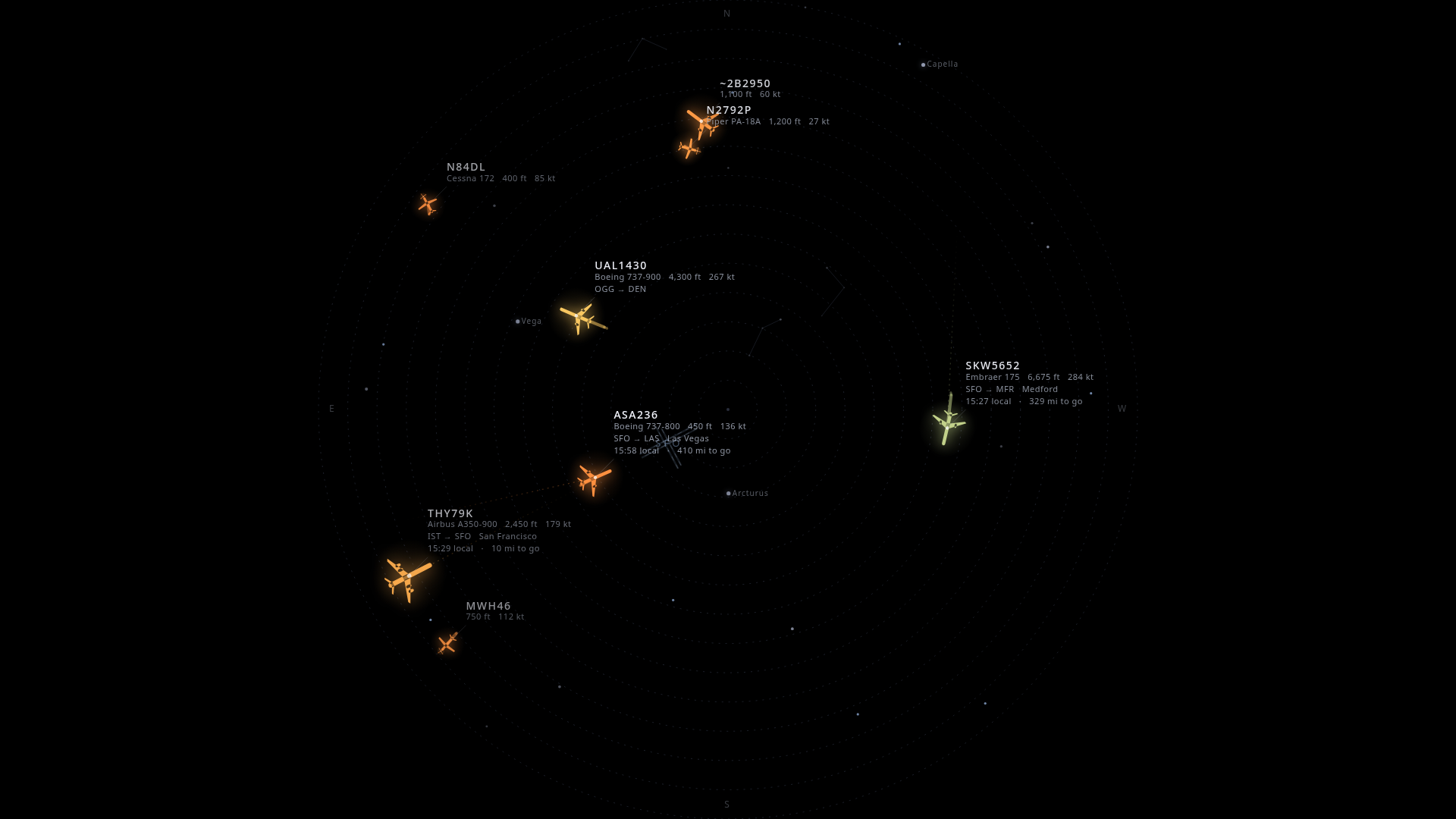 Skylight projected on a ceiling: aircraft, trails, SFO runways and the night sky