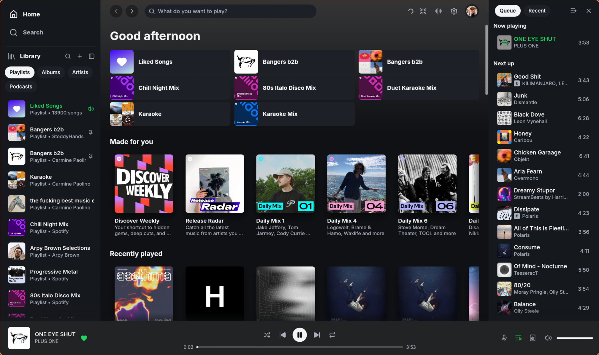Fastpotify Home with the playlist library, recommendations, queue, and player visible