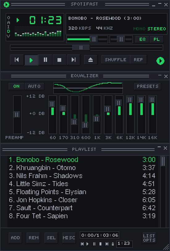Spotifast's Winamp mini player with the built-in skin, equalizer, and playlist