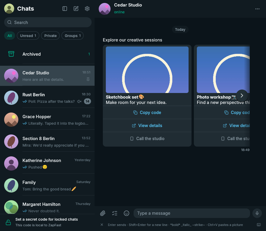 Synthetic carousel with independent images, copy-code and web actions
