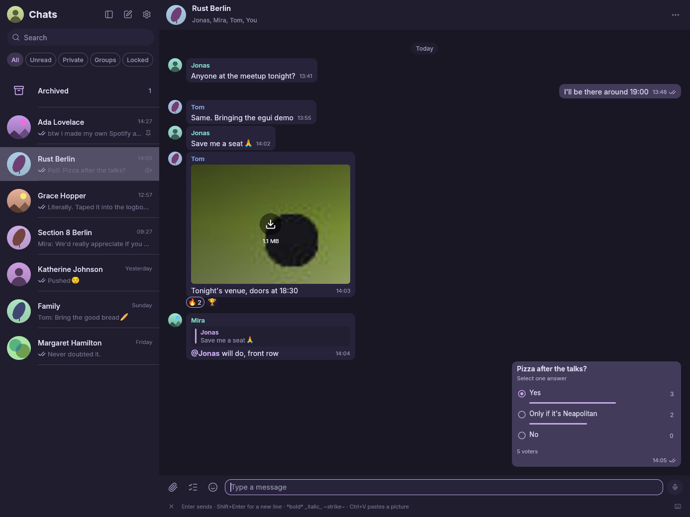 A titled group chat with participant names, reactions, a quoted mention, and a poll