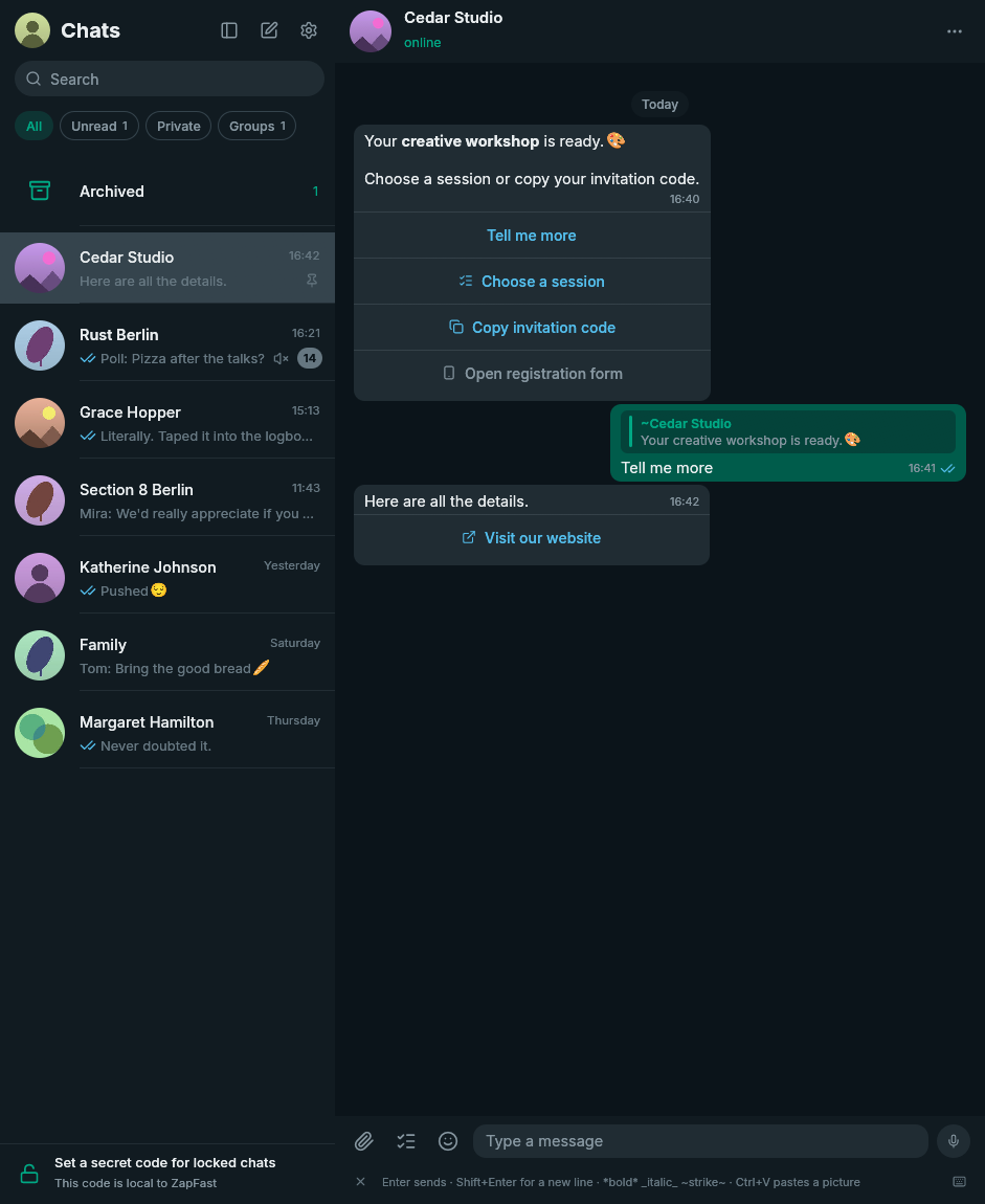 Offline demo with a reply button, a session list, a copy-code action, and an unavailable form