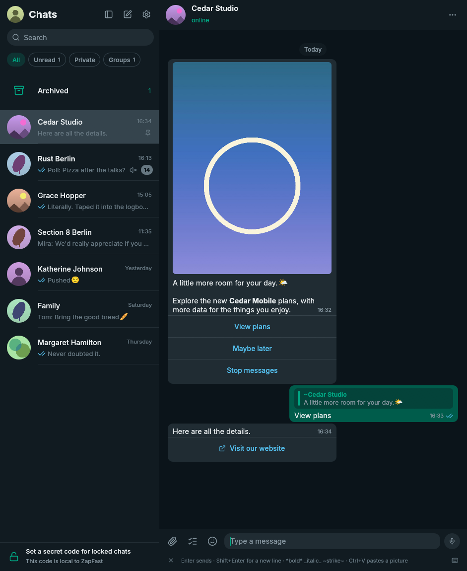 Offline demo of an interactive image message with working reply options and an active website link
