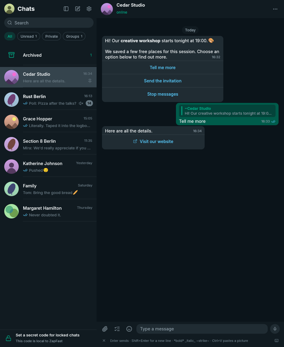 Offline demo of an interactive text message with separate option rows and a quoted reply