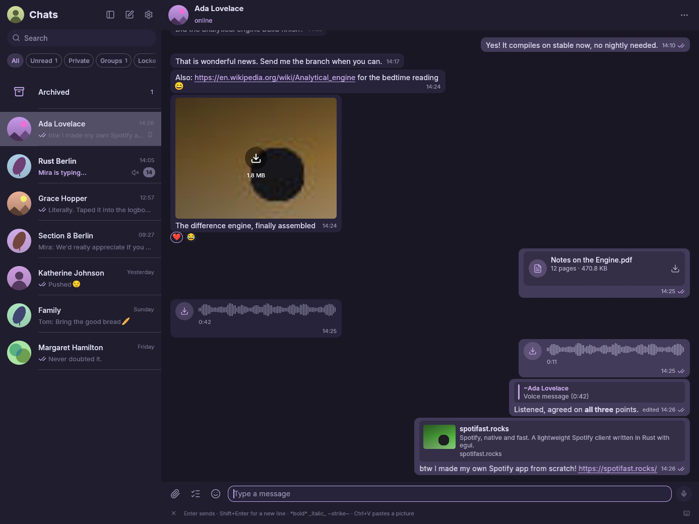 ZapFast showing a conversation with an attachment, voice messages, reactions, a quoted reply, and a link preview
