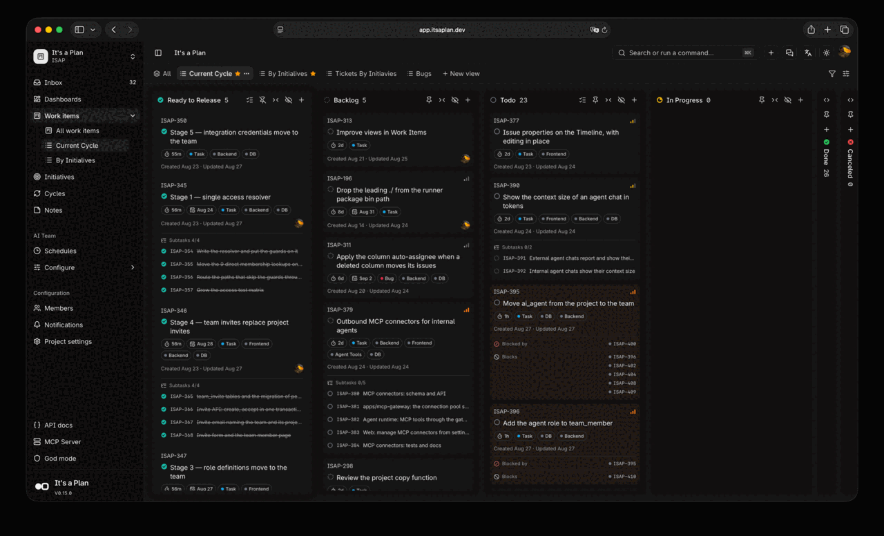 Board, AI chat, initiatives, timeline, calendar, and agent schedules