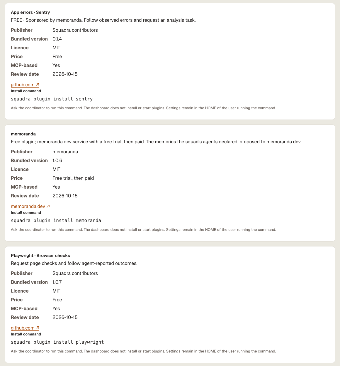 The Store page's cards: the plugins bundled in the running release, MCP-based first, each with publisher, version, licence, price, review date and the install command for the coordinator