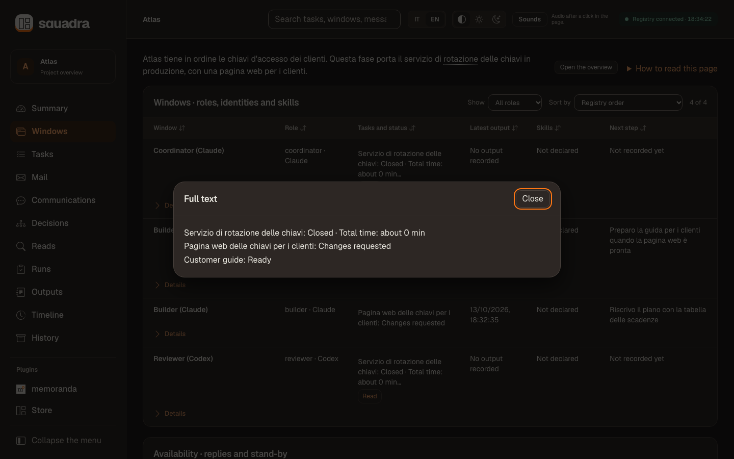 The «Read» dialog: a long task text opened in full; Esc or the close button returns to the table