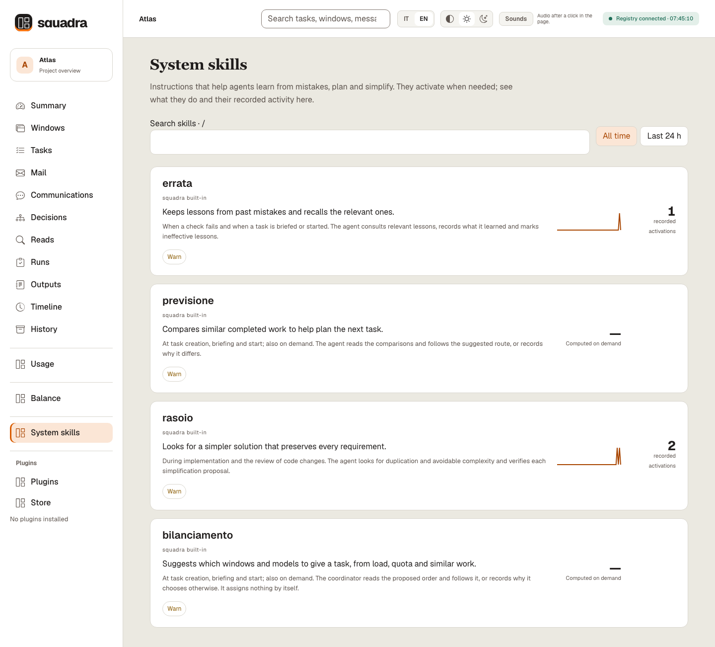 The System skills page: each built-in skill with what it does and its recorded activations