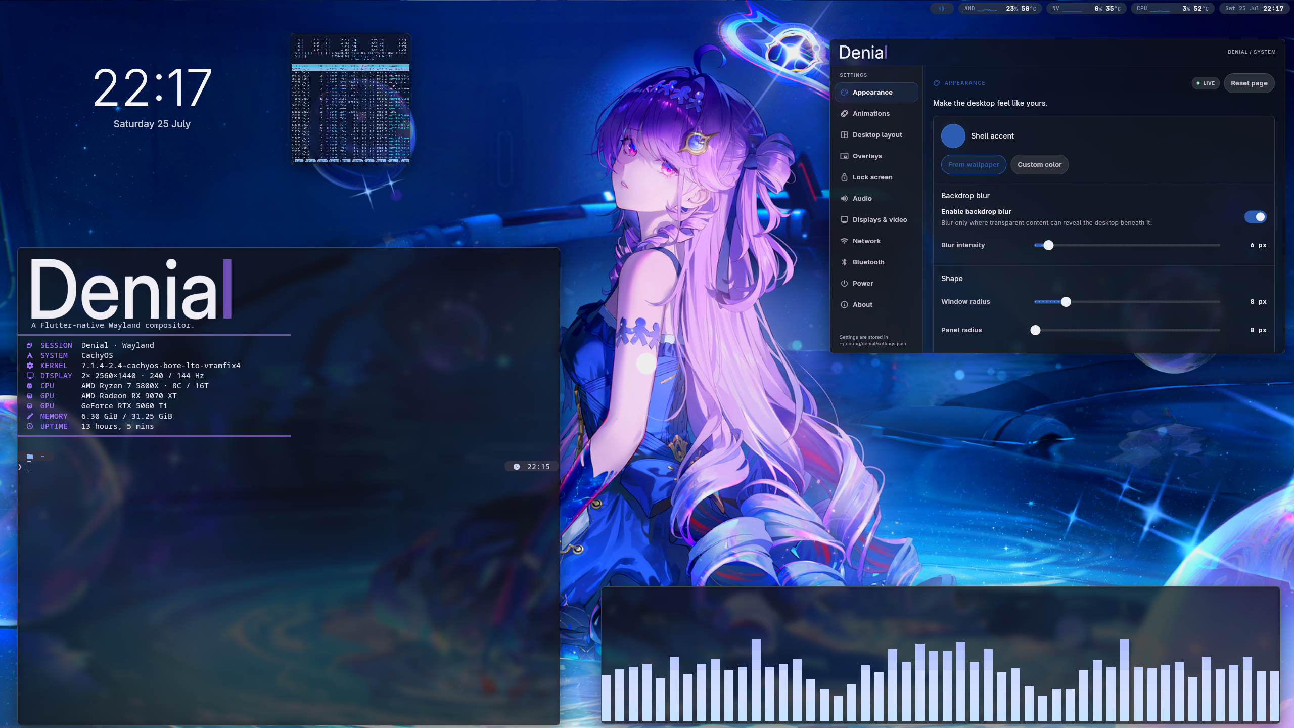 The Denial desktop with its settings, system bar, terminal, clock, and audio visualizer