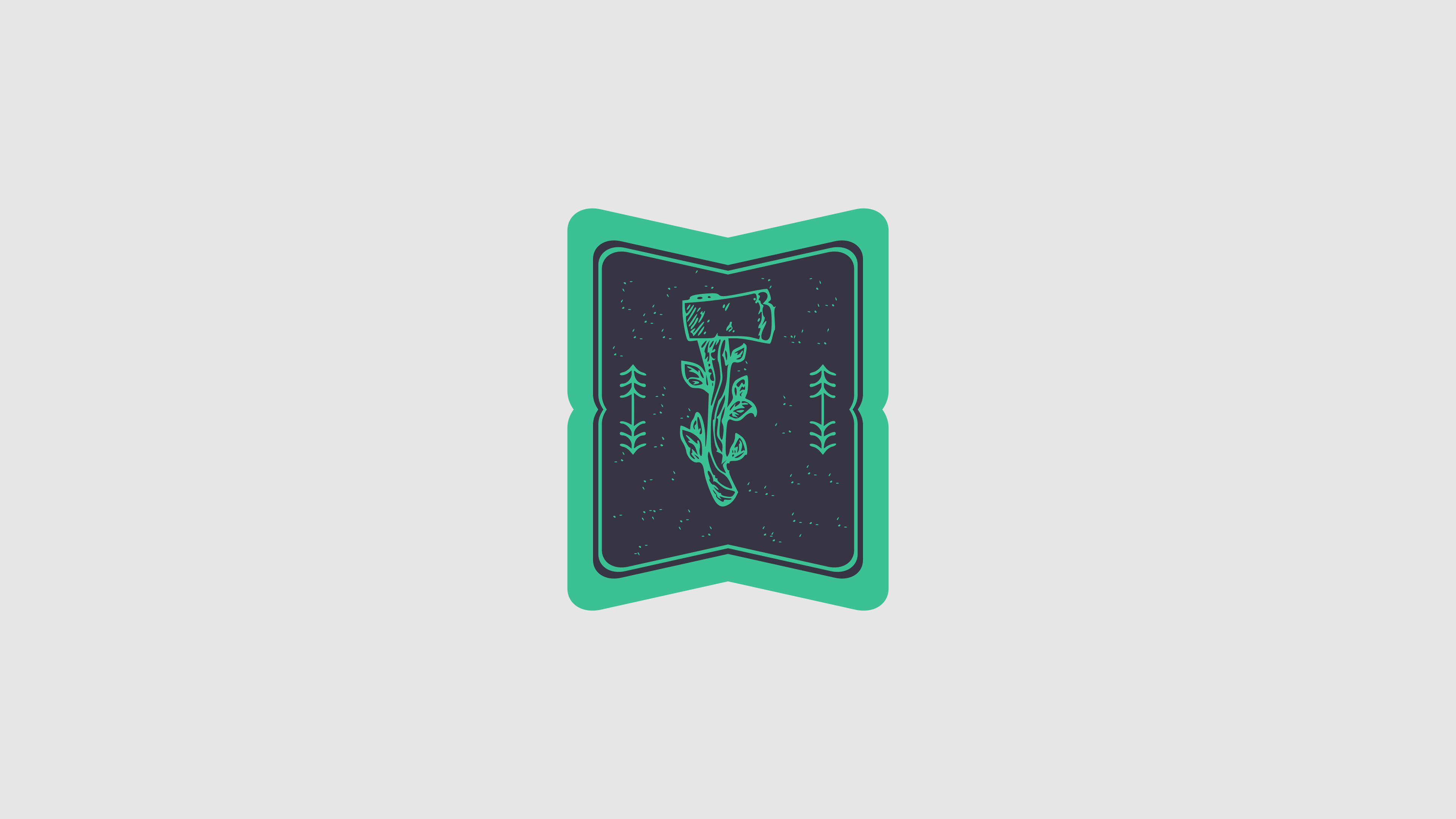 a_green_and_blue_rectangular_sign_with_a_drawing_of_a_tree