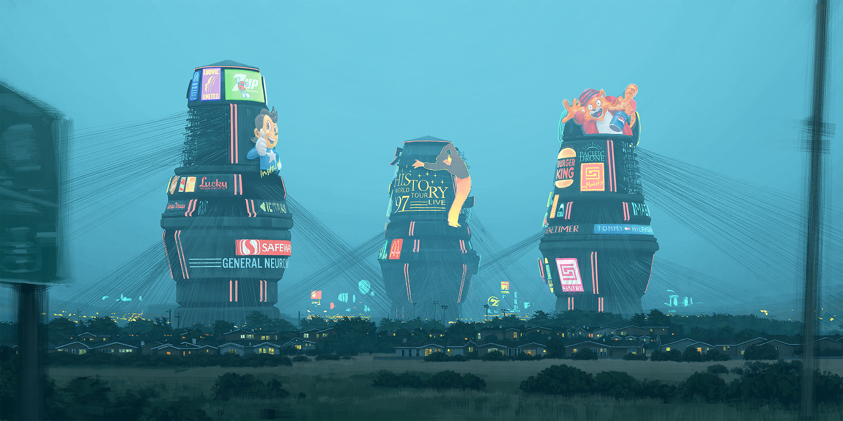 a_group_of_tall_buildings_with_cartoon_characters_on_them