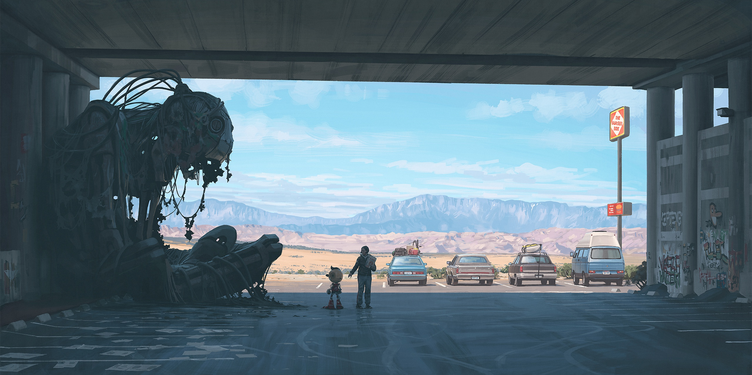 a_man_and_a_robot_standing_in_a_parking_lot