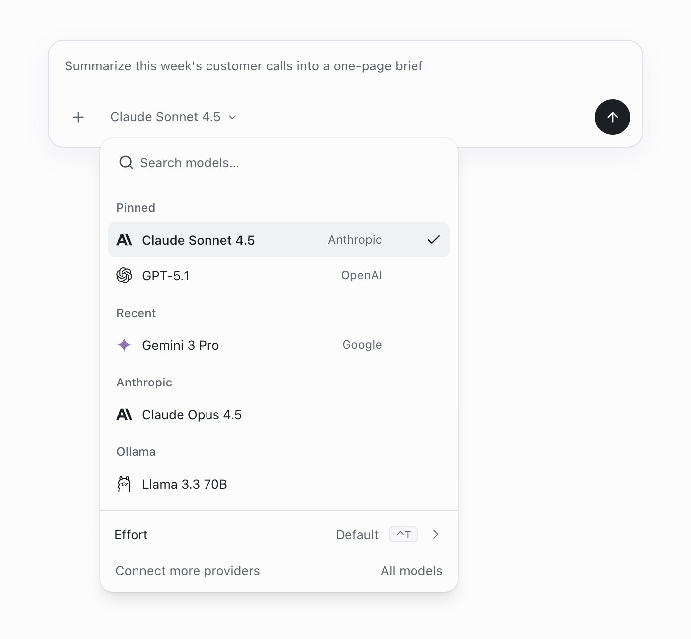 The OpenWork composer with its model picker open: pinned, recent and per-provider models from Anthropic, OpenAI, Google and a local Ollama model