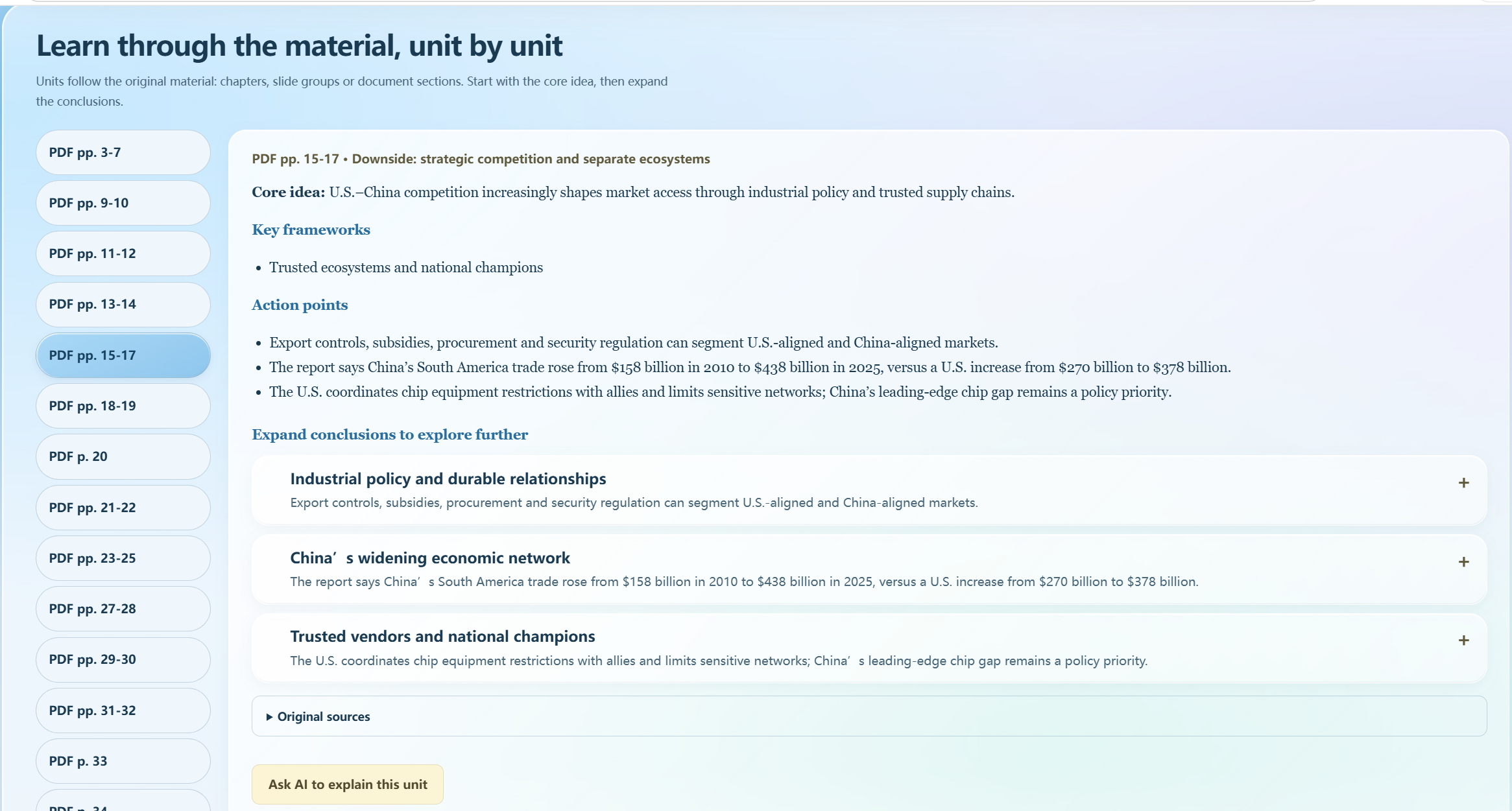 Market outlook guided-content unit with its PDF page range, core idea, key framework and action points