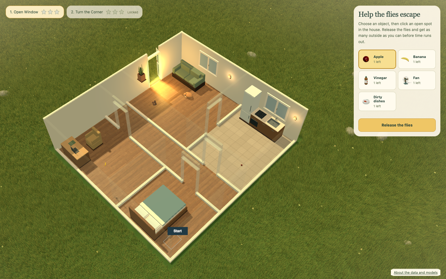 The first house, with a sunlit exit and household objects ready to place