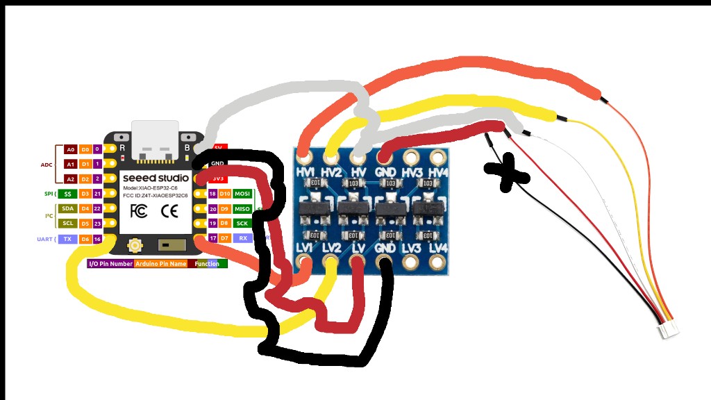 CN105 to ESP32 via bidirectional level shifter. The ESP32 5V pin is powered from the CN105 5V supply.
