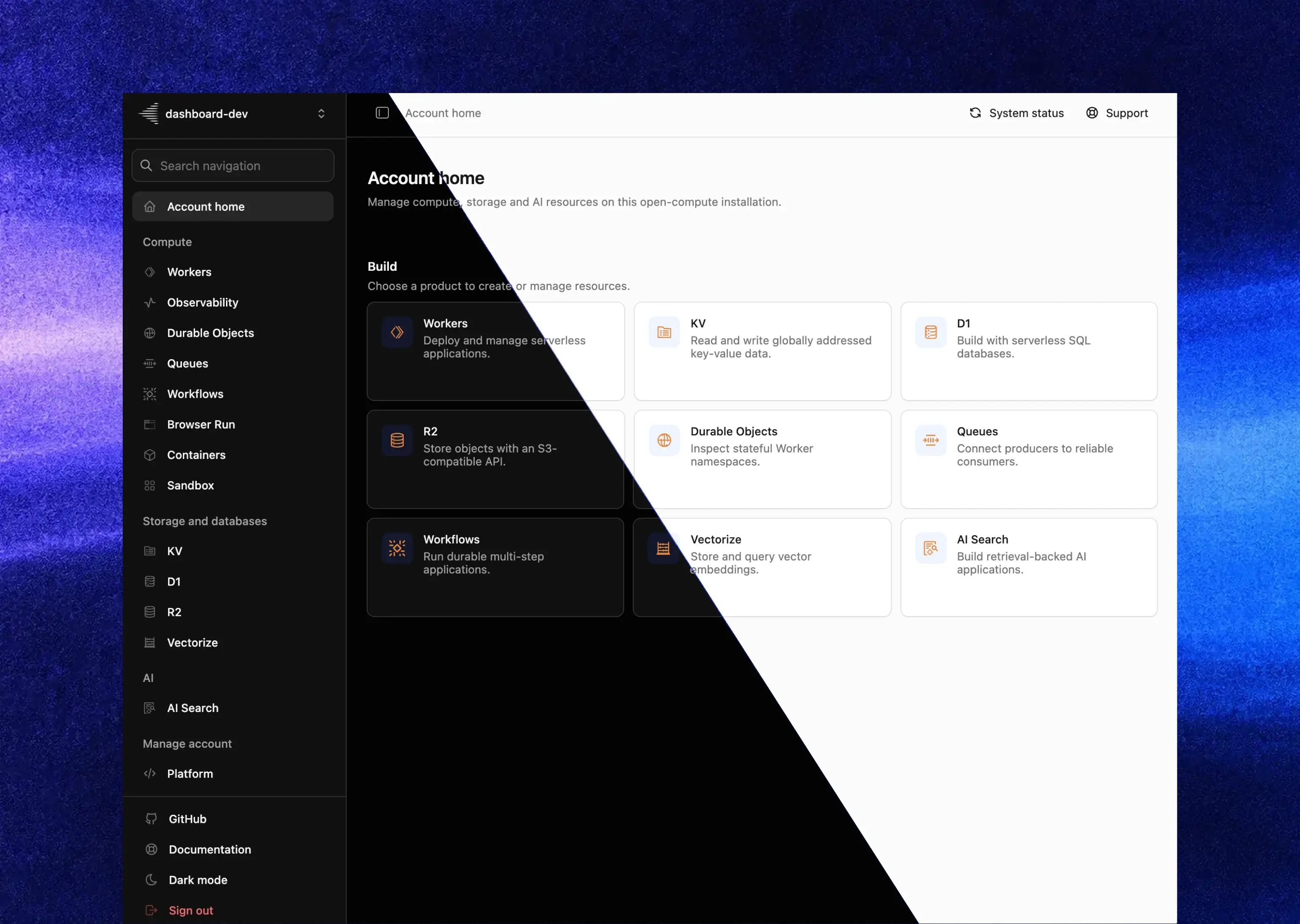 open-compute Dashboard in dark and light mode